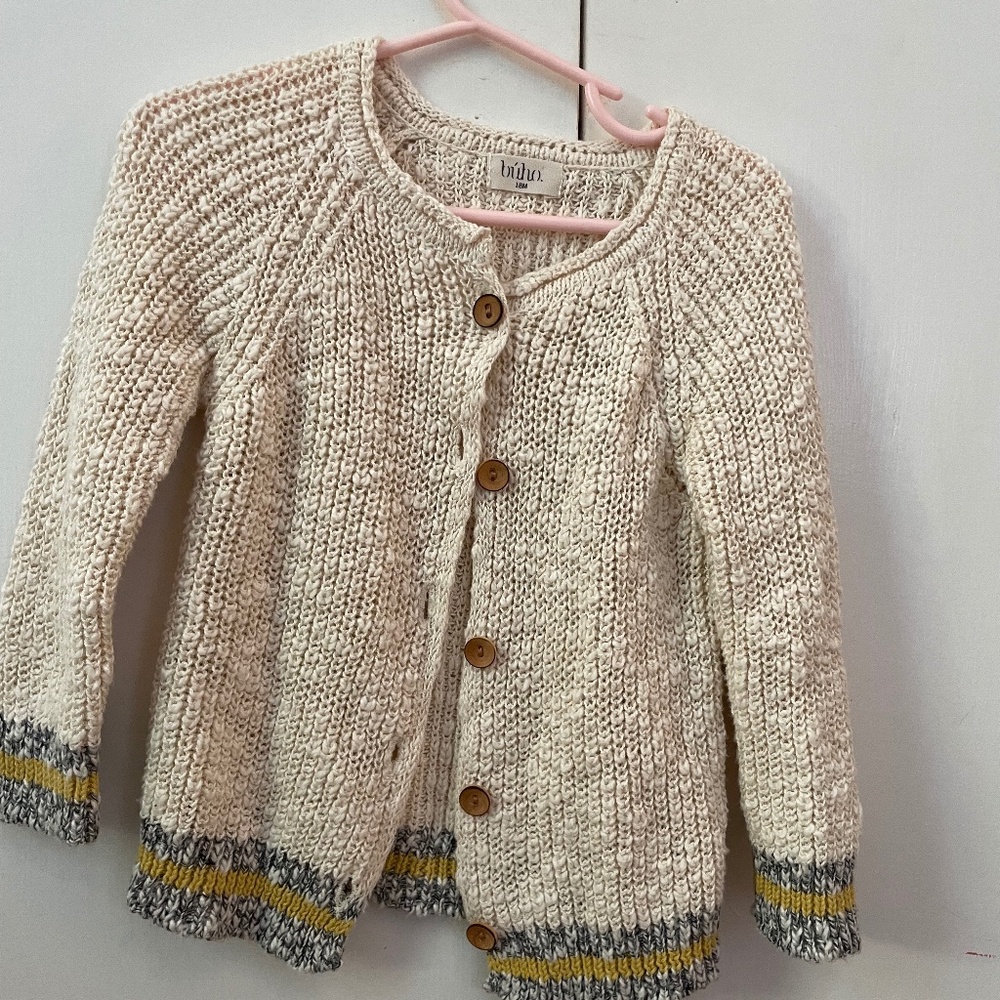 Buho Barcelona Baby Knit Cardigan With Button Closure and Grey and Yellow Trim
